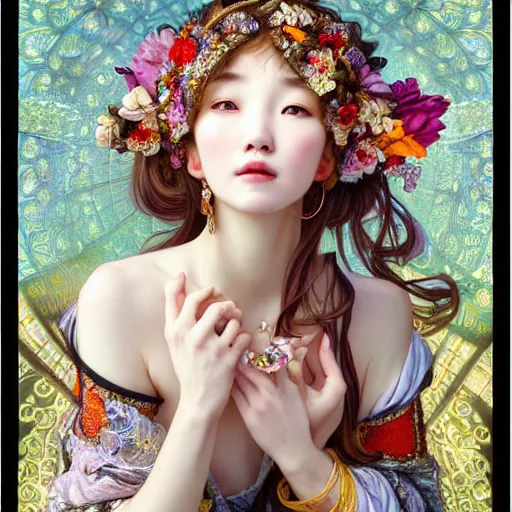 Image similar to a masterpiece ultrarealistic ultradetailed portrait of beautiful love, jewelry genius, witch girl on fruits street market baroque renaissance. medium shot, intricate, elegant, by stanley artgerm lau, wlop, alphonse mucha, rossdraws, andrei riabovitchev, yoshitaka amano. flower background my james jeand and takashi murakami.