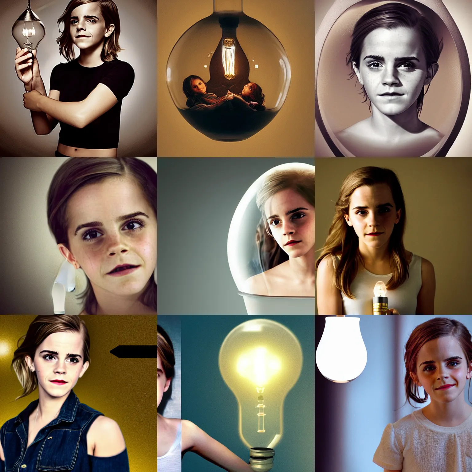 Prompt: a tiny emma watson trapped inside a light bulb, completely enclosed