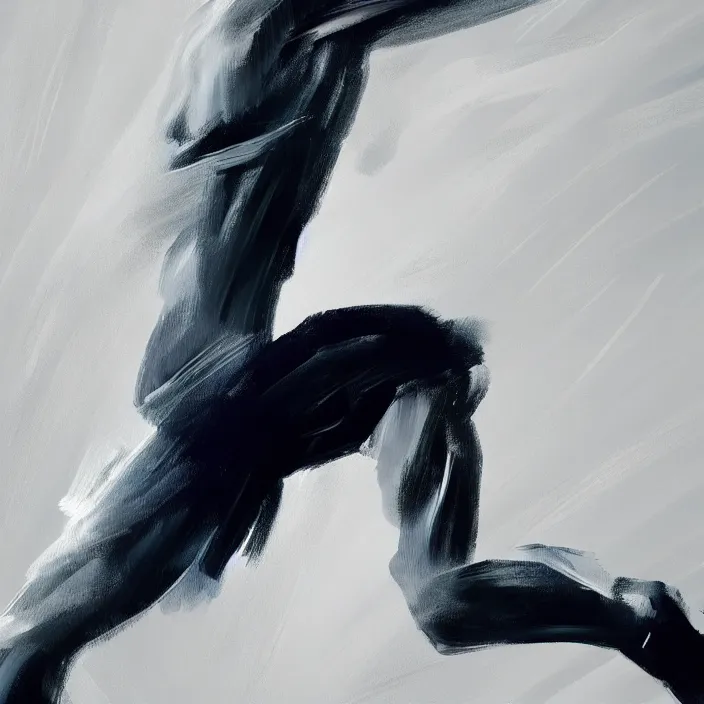 Image similar to closeup of a thin, athletic physique man's body in abstract, thick flowing dramatic brush strokes, strong wind, white background, matte colors, impressionist, extreme motion, trending on artstation