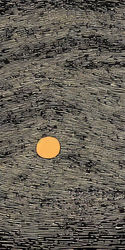 Prompt: the sea of sadness, a circular black void in the sea, a single line of orange sunset, crushing despair, a photograph of a two color woodcut print with ink on textured paper
