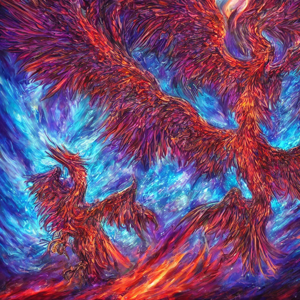 Prompt: phoenix rising up from the ashes, fantasy art, ultra realistic, purple red blue colors, in a huge nest of jewels