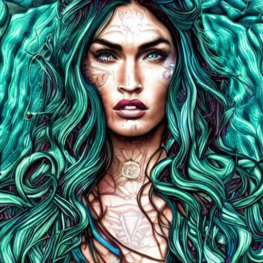 Image similar to an extremely psychedelic portrait of megan fox as medusa, surreal, lsd, face, detailed, intricate, elegant, lithe, highly detailed, digital oth, sharp focus, illustration,