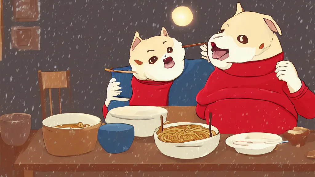 Prompt: cute fat anthropomorphic dog boy eating ramen in a red turtleneck sweater in a cottage on a cold winter day, detailed, 4K, trending on pixiv