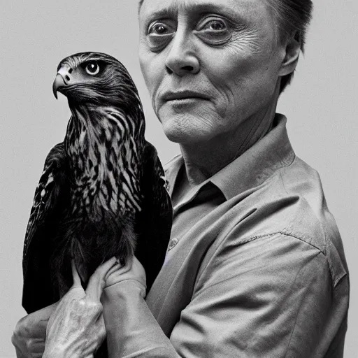 Image similar to christopher walken with a falcon on his arm, hyper realism, 5 0 mm, photo