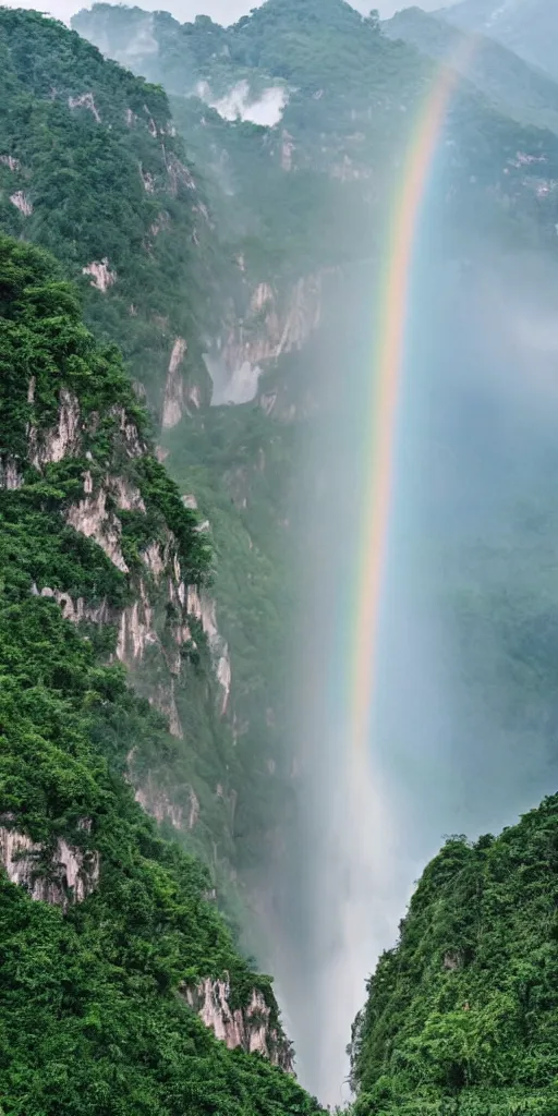 Image similar to A cloudy peak in southern China with one waterfall,one small rainbow in the middle of the waterfall. the style of National Geographic magazine