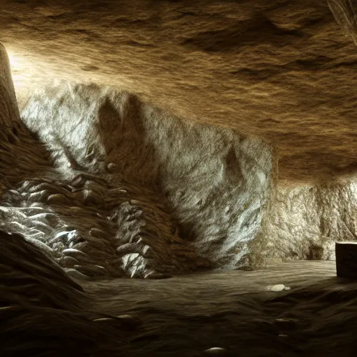 Image similar to dimly lit cave with crystals, raytracing, vray