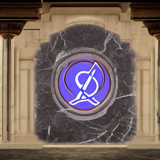 Prompt: A huge artifact in a marble temple, a glowing logo of Discord is painted on it, dark, digital art, trending on artstation