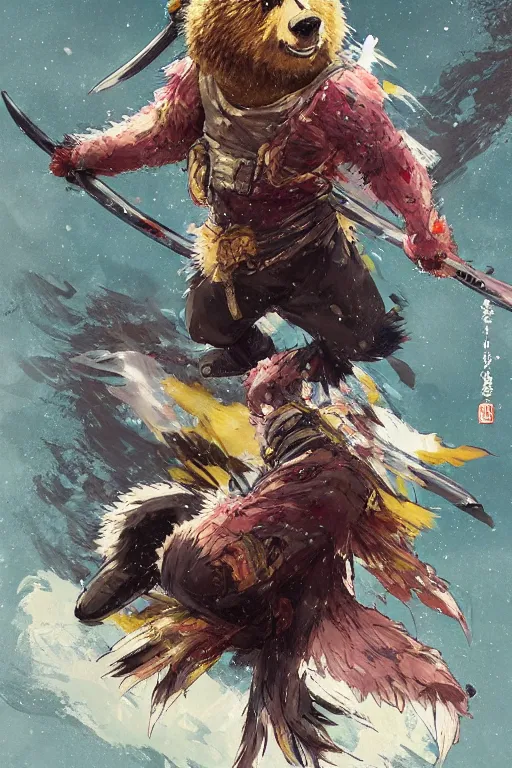 Image similar to key anime visuals rendering of a bear dressed as a ninja fighting with a katana. colorful design. higly detailed, intricate, greg rutkowski, anime manga style, trending on art station.