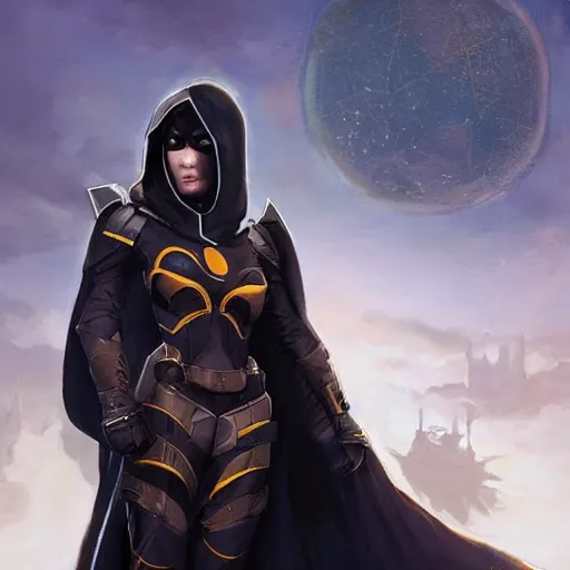 Prompt: cassandra cain in destiny hunter armor, wearing a hooded cloak, beautiful face!!!!, overlooking the last city on earth, 2 7 years old, cg animation, realistic, character select portrait, by artgerm, greg rutkowski, 3 d