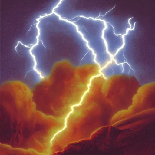Prompt: hand sign of the horns, lightning strike, artwork by greg hildebrandt, dynamic lighting