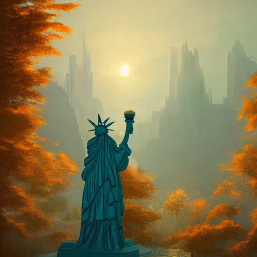 Prompt: a fantasy solarpunk statue of liberty, landscape illustration by greg rutkowski, bright sunlight, sun glints, vivid and colorful trees and plants and flowers, digital art, 8 k, trending on artstation