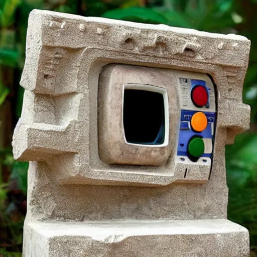 Prompt: a retro crt television and super nintendo game console carved from stone, television and super nintendo game console made by ancient taino and aztec