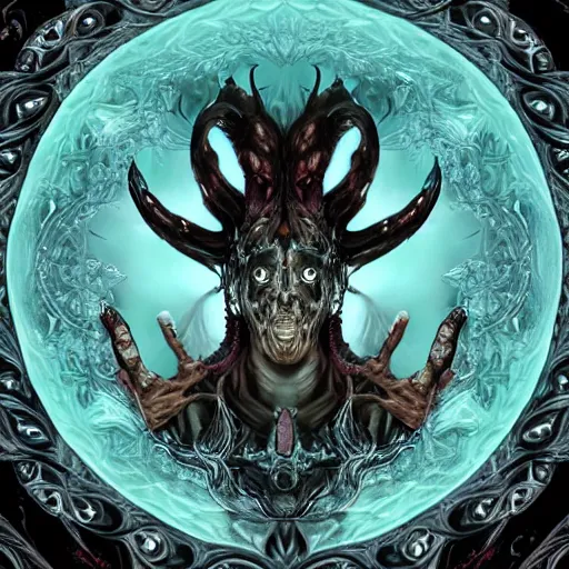 Image similar to 4K headshot of godlike Shub-Niggurath with defined arms and open hands and bloody clothes with giant mandala wings , intricate face , flawless anime cel animation by Kentaro Miura, psychedelic , highly detailed upper body , professionally post-processed , beautiful, scary, symmetry accurate features, epic, octane rendered, anime masterpiece, accurate