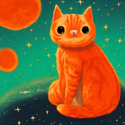 Image similar to A fuzzy orange cat sitting on planet earth, space with stars in the background, trending on artstation