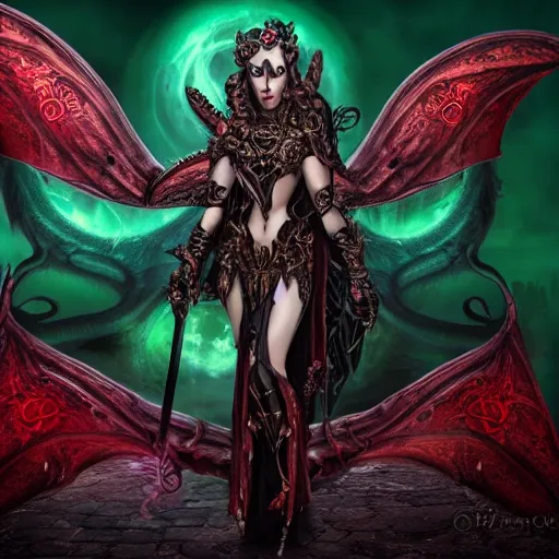 Image similar to enchanting feminine cthulhu goddess with timeless beauty, breathtaking glowing eyes & huge dragon wings, dressed for battle in black leather and gold armour, a glowing green plasma sword in her hand, red moon rising in behind her with many tentacles protruding from the shadow that frame the image, DSLR, HDR, 8k resolution, biblical art, mana art, unbeatable coherency, highly intricate digital art, incomprehensible and perspicious detail, unbeatable quality, silent hill aesthetic, lifelike, DSLR, HDR, 8k, unbeatable coherency, HP Lovecraft, by Reivash & AyyaSAP on deviantart