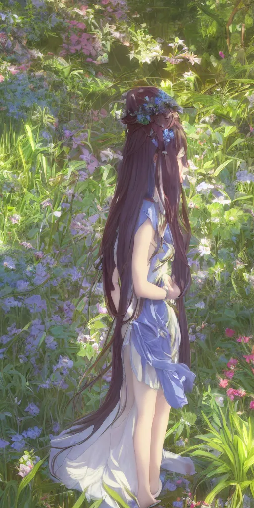 Image similar to a digital art of a loli with long hair in a dress in the privet garden at after noon, blue and warm theme, back lighting, by krenz cushart and mucha and akihito yoshida and greg rutkowski and makoto shinkai, detailed eyes, 4 k resolution, trending on art station