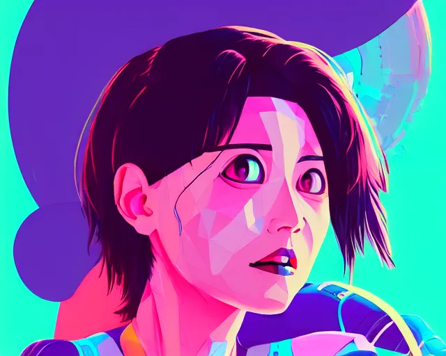 Prompt: beautiful portrait of momo from twice as a sci fi woman, with chaotic vaporwave aesthetic, concept art by james gilleard, wlop, artstation, cgsociety, synchromism, 8 0 s animation flat cell shaded. with thick black pencil lines - h 7 6 8