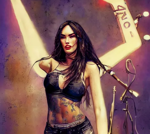 Image similar to Megan Fox on stage playing rock and roll with the rest of the band, flashing concert lights, by Bastien Lecouffe-Deharme