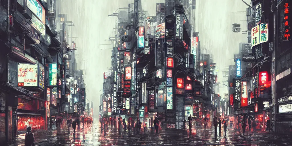 Prompt: japan style, small building, city, street, science fiction, cyberpunk, rain day, wide angle, full of people, moon, a lot of lights, cinematic lighting, high detail, digital painting, concept art, illustration, smooth, sharp focus, trending on artstation, trending on deviantart, 4 k