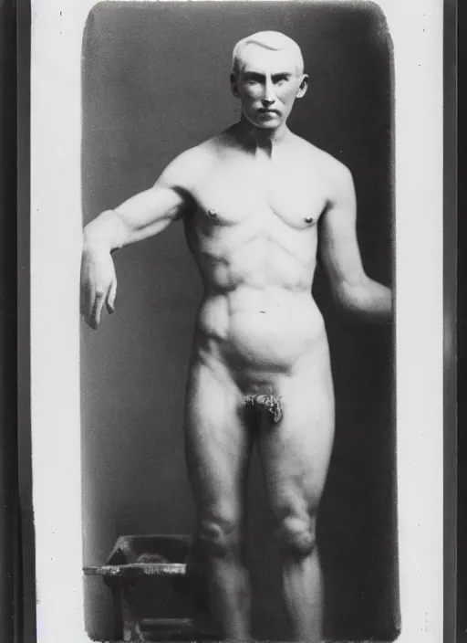 Image similar to an an android with an adult male human looking face is the thinker by auguste rodin, polaroid, flash photography, photo taken in a back storage room where you can see empty shelves in the background, 3 / 4 view portrait head chest and arms portrait of