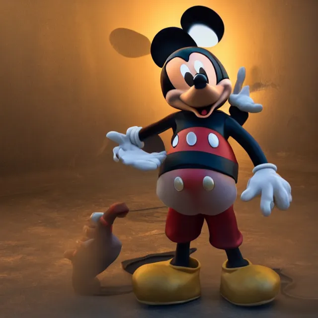 Image similar to ultra realistic mickey mouse wearing heavy armour, dark cinematic, volumetric, realistic, 3 d render, realistic render, cinematic lighting, volumetric lighting, atmospheric, cinematic, unreal engine 5, unreal engine render, octane render, hd, photorealism, hyper realistic, photo, 8 k