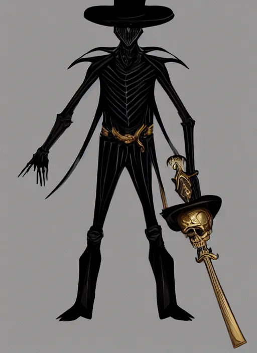 Image similar to DND character art, skeletal male figure, wearing a deep black suit!!! and tie and top hat, holding a gold! cane!, blue flames!!