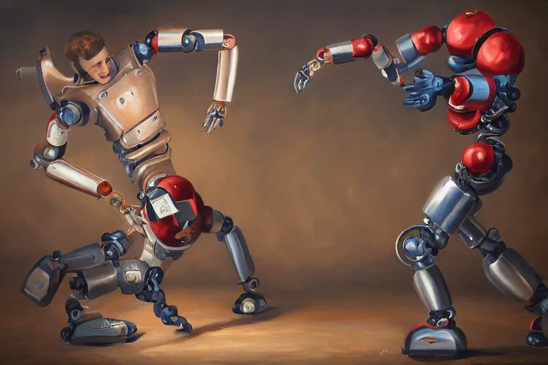 Prompt: oil painting of a human fighting a robot artist, highly detailed, 4k, trending on artstation, realistic human!!!!