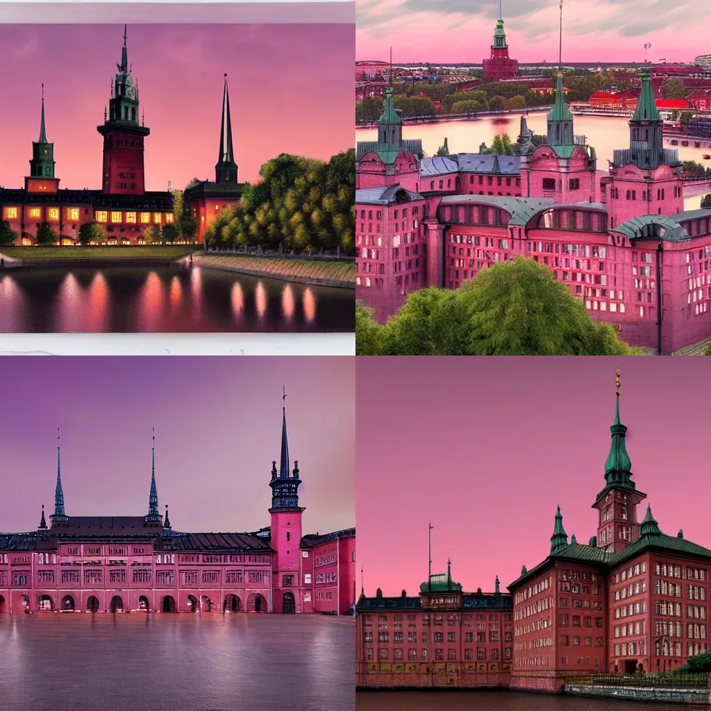 Prompt: Stockholm city hall, but built in the medeival style, Photorealism, extreme detail, dusk, pink skies,