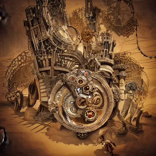 Image similar to Photo of epic steampunk clockwork city, designed by Antoni Gaudi, desert scenery, intricate details, artstation, cgsociety, 8k