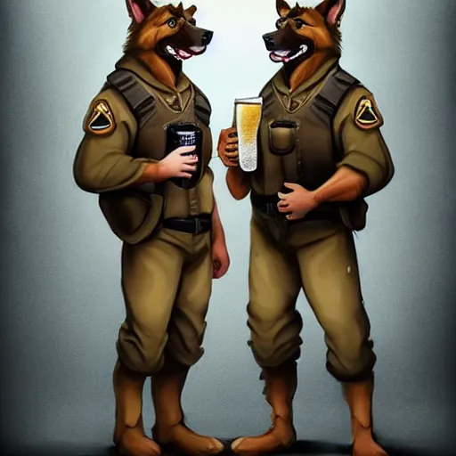 Image similar to two humanoid german shepherds beast - men in military style, they holding a beer, artstation, concept art, smooth, sharp foccus ilustration, artstation