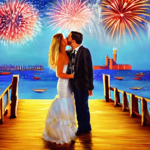 Image similar to an oil painting of couple kissing, in a background fireworks in venice