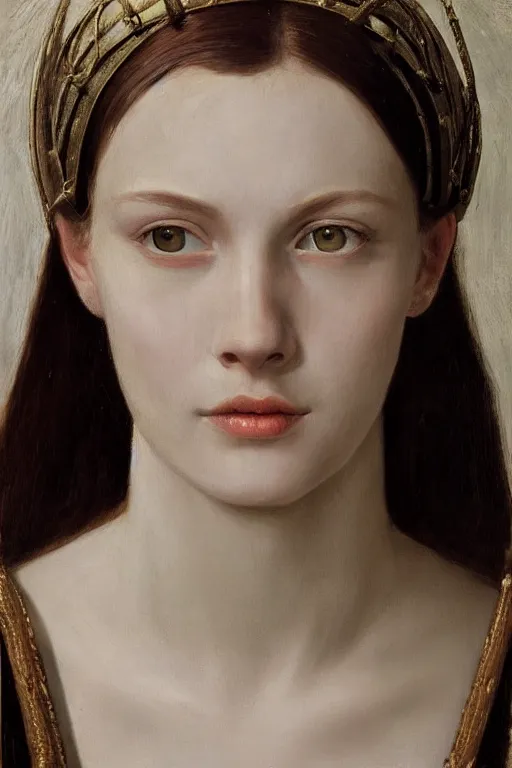 Prompt: hyperrealism close-up portrait of beautiful young medieval female, metal jaws, pale skin, in style of classicism