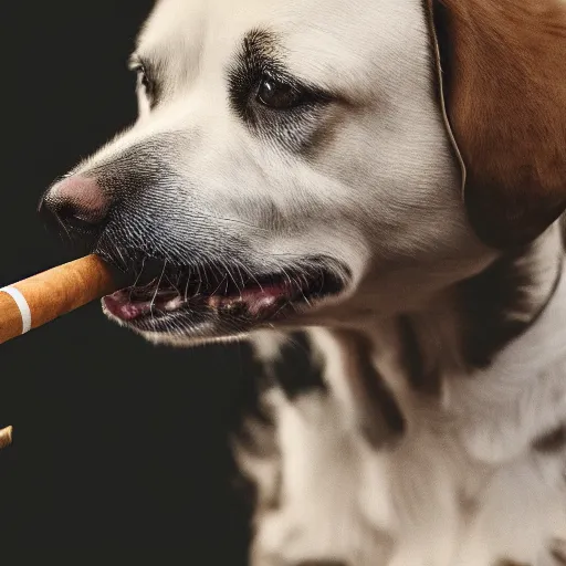 Prompt: a high detail closeup photograph of a dog smoking a cigarrette🚬, award wining photograph