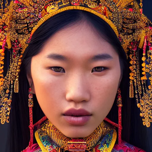 Prompt: portrait of a stunningly beautiful alluring asian tribal female, depth of field, zeiss lens, detailed, symmetrical, centered, fashion photoshoot, by Annie Leibovitz and Steve McCurry, David Lazar, Jimmy Nelsson, Breathtaking, 8k resolution, extremely detailed, beautiful, establishing shot, artistic, hyperrealistic, beautiful face, octane render