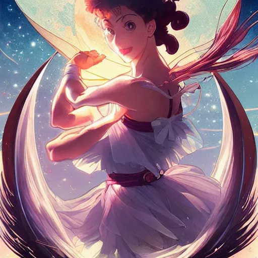 Prompt: Sailor Moon jumping accross the Moon, nature unity, planets align, clear sky high detail, upscale, art by artgerm and greg rutkowski and alphonse mucha