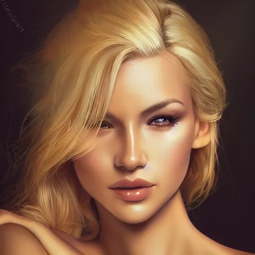 Prompt: a very beautiful blonde woman with her head leaning backwards, god ray across her face, eyes closed, front shot, close - up, hyper detailed, high contrast, bokeh background, realistic, digital art by magali villeneuve and artgerm, sharp focus 4 k