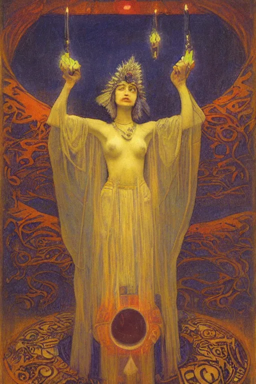 Image similar to queen of the moonlit dead with her lantern and regalia, by Annie Swynnerton and Nicholas Roerich and jean delville, dramatic cinematic lighting , ornate headdress , flowing robes, lost civilizations, extremely detailed