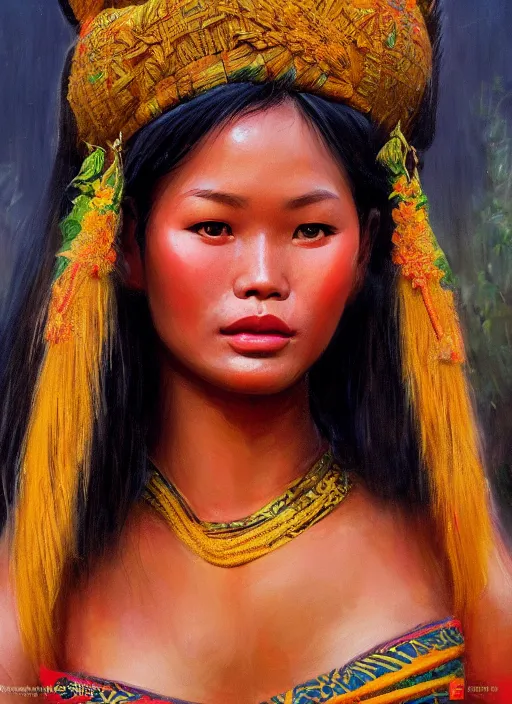 Prompt: portrait of a beautiful female khmer ethnic cambodia, closeup portrait, historical, ethnic group, traditional costume, elegant, loin cloth, highly detailed, oil painting, artstation, concept art, matte, sharp focus, illustration, hearthstone, art by earl norem