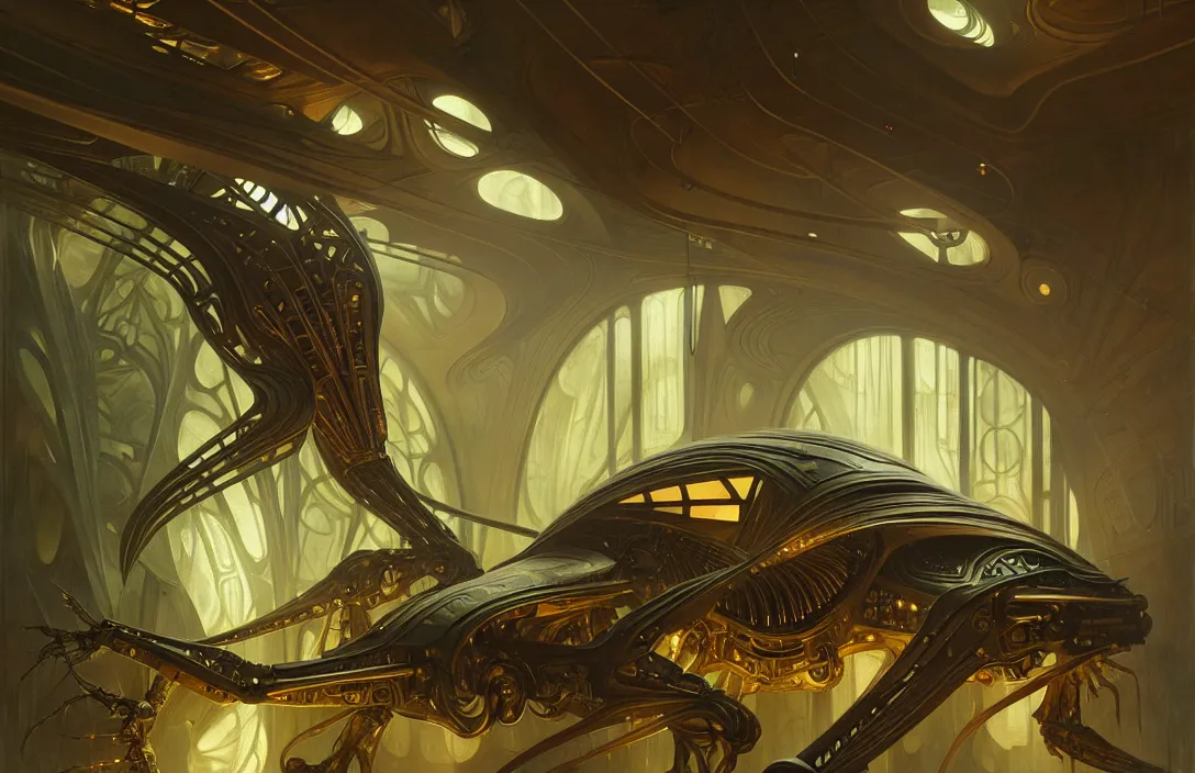 Prompt: interior of an evil alien insectoid spaceship, heroic lighting, sci-fi, intricate, elegant, highly detailed, lifelike, photorealistic, digital painting, artstation, illustration, concept art, smooth, sharp focus, art by John Collier and Albert Aublet and Krenz Cushart and Artem Demura and Alphonse Mucha