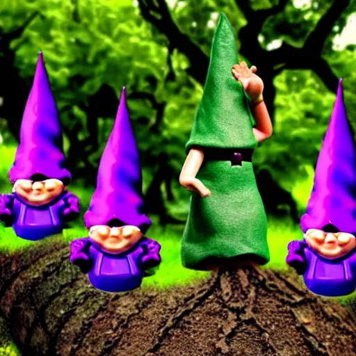 Image similar to purple gnome controlling spirits to fight off tree people in a winery. fantasy