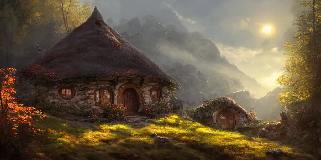 Image similar to a hobbit cottage on top of a steep hill, greg rutkowski, zabrocki, moebius, karlkka, jayison devadas, highly detailed, autumn sunlights, smoky atmosphere, ( ray of sunlight ), trending on artstation, 8 k, ultra wide angle, zenith view, pincushion lens effect