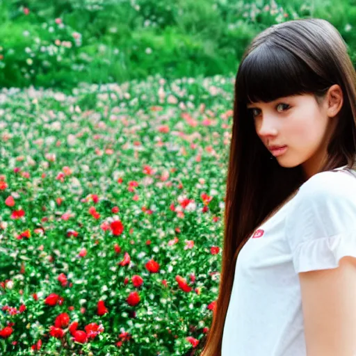 Image similar to a girl with medium and long hair standing in the sea of roses