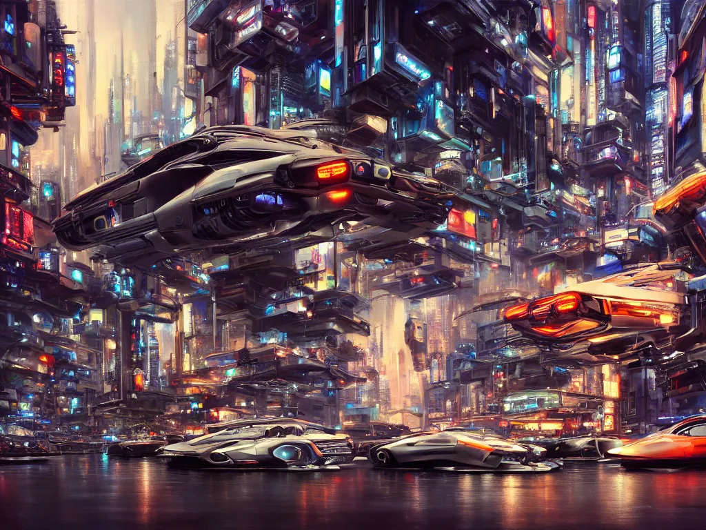 Prompt: hyperrealistic and beautiful painting of a slice of life from a futuristic city, mechanical designs, futuristic cars, night, technological machines, cinematic, cyberpunk style, highly detailed!, realism, acrylic on canvas, 8 k resolution, concept art, by noriyoshi ohrai, john berkey, trending on artstation