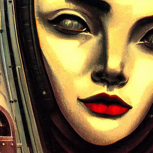 Prompt: detailed face of a woman, clockwork, moment, tectonic sky, skydome, bullet train, turbines, utopian, tech noir, wet reflections, prism, atmospheric, ambient, pj crook, syd mead, malcom t liepke, emma uber, edward hopper