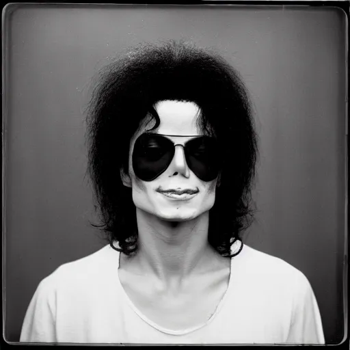 Prompt: photo of Michael Jackson by Diane Arbus, black and white, high contrast, Rolleiflex, 55mm f/4 lens