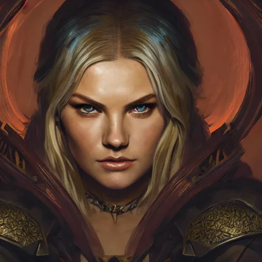 Image similar to front centered symmetrical portrait, Elisha Cuthbert as a D&D paladin, dramatic lighting, cinematic, establishing shot, high detail, photo realistic, cinematic lighting, post processed, 8k, concept art, artstation, matte painting, in the style of eddie mendoza, raphael lacoste, alex ross