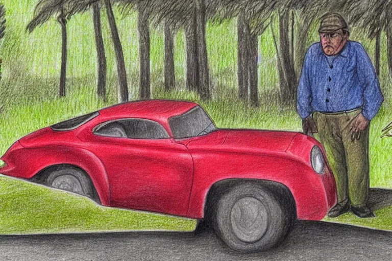 Image similar to old man standing next to a small red car parked on a forest road, detailed pencil drawing, partly colored