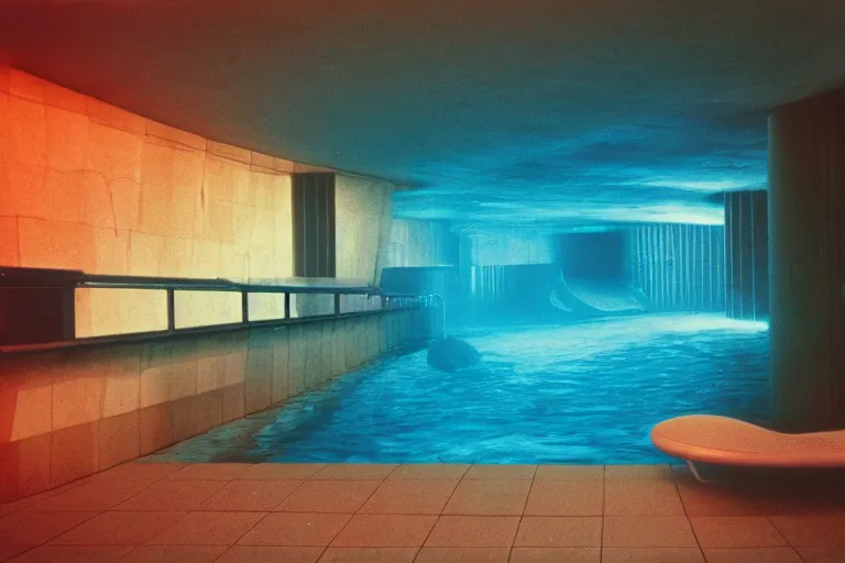 Prompt: 1 9 7 0 s found footage of an underwater space made up of a non - euclidean swimming pool hallways with many entries and exits, neon color bleed, ektachrome photograph, volumetric lighting, f 8 aperture, cinematic eastman 5 3 8 4 film stanley kubrick