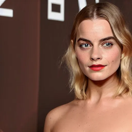 Image similar to a woman who is a genetic combination of margot robbie and emma watson face and upper - body focus