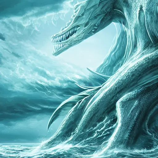 Image similar to huge sea monster, towering over you, colossal giant, mythical sea creature, epic, waves, rough ocean, stormy, gigantic huge sea monster, extremely detailed, intricate digital art, 8 k